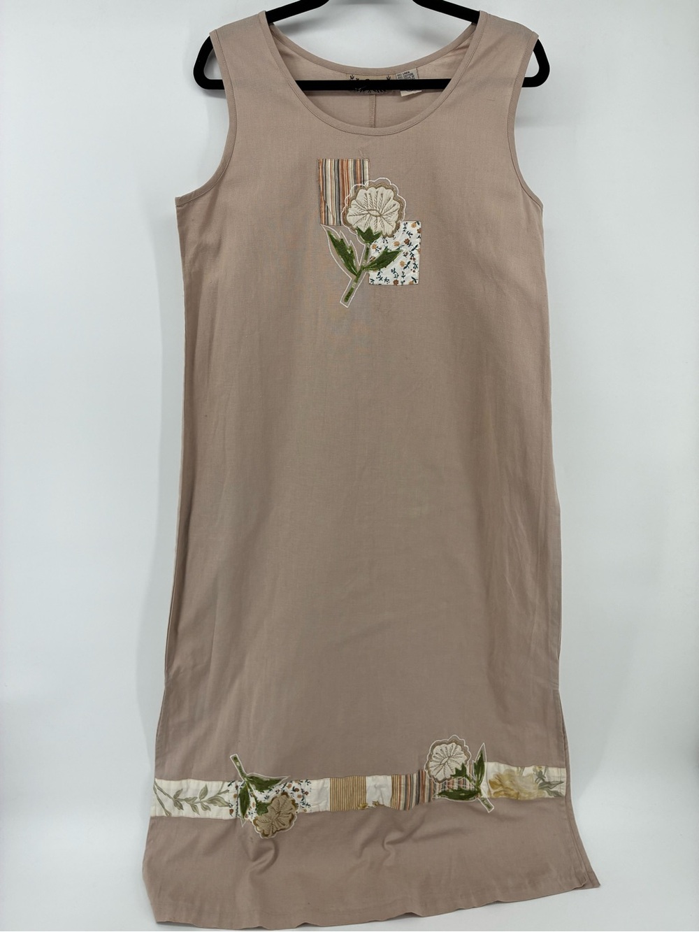 Vintage 55% Linen Blend Beige Floral Appliqué Sleeveless Maxi Dress Peasant
